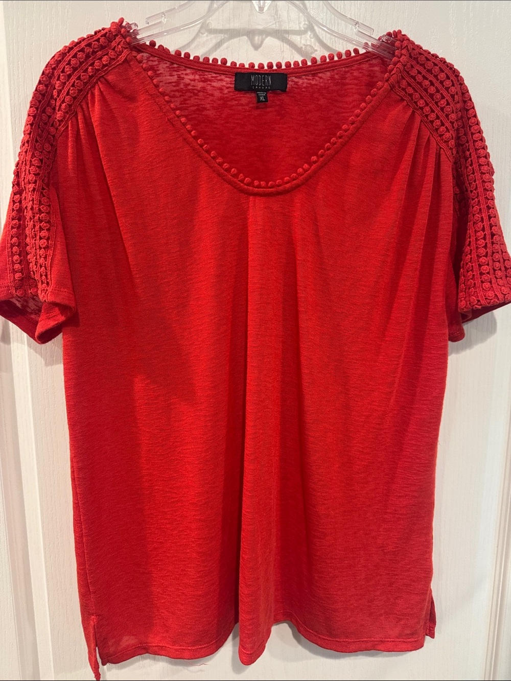 Modern Canvas Red Crochet Shoulder Pom Pom Trim Top XL